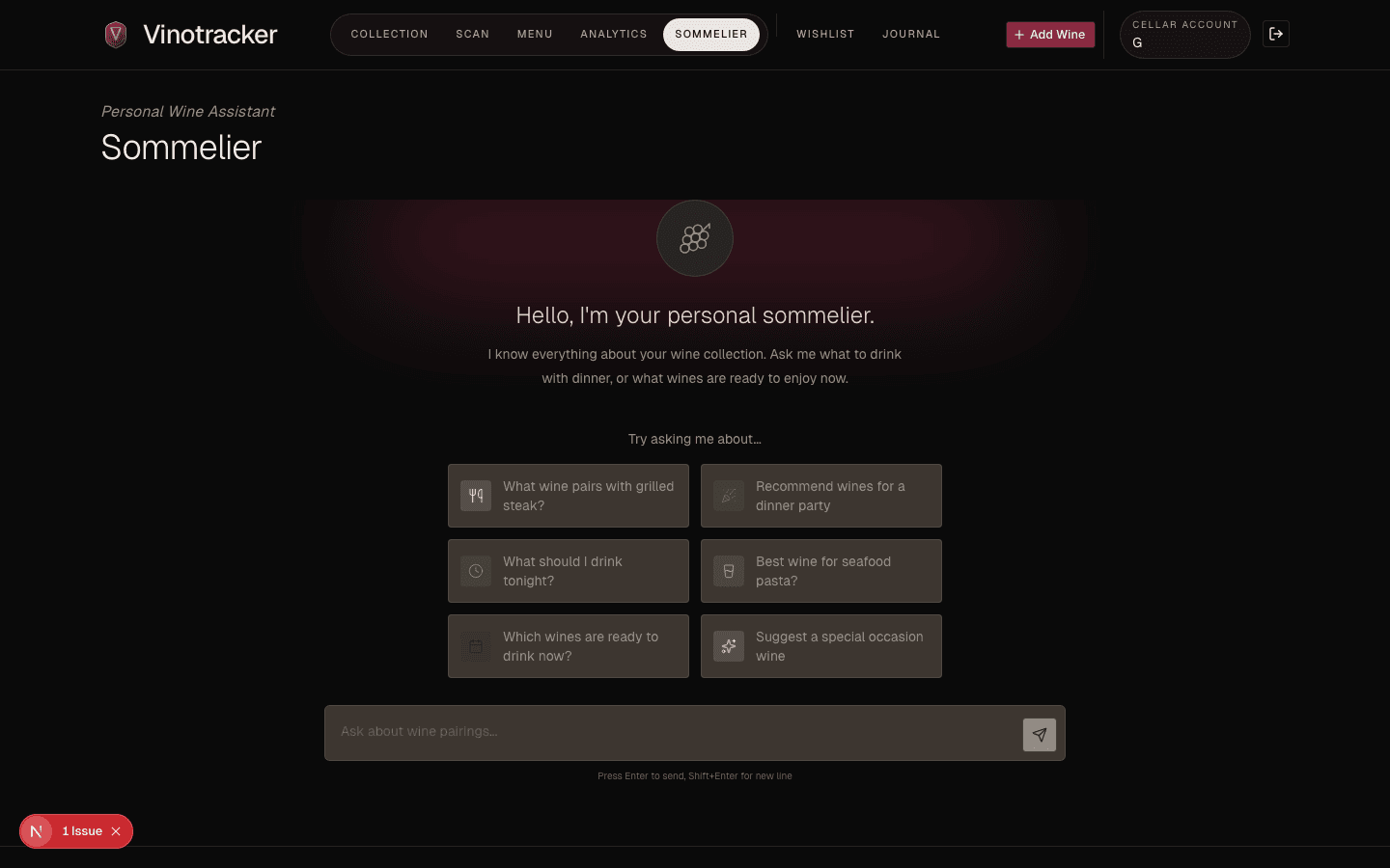 AI sommelier chat interface suggesting wines from your collection with pairing rationale